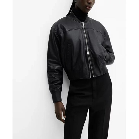NEW MANGO Women's Leather Bomber Jacket BLACK SIZE XS / 100%AUTHENTIC